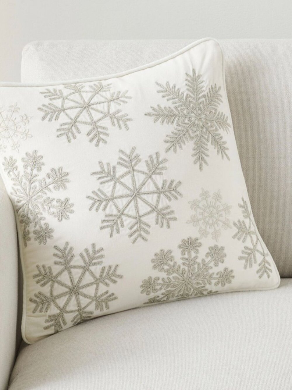 Pottery Barn Ivory Velvet Pillow Cover with Silver Snowflake Embroidery